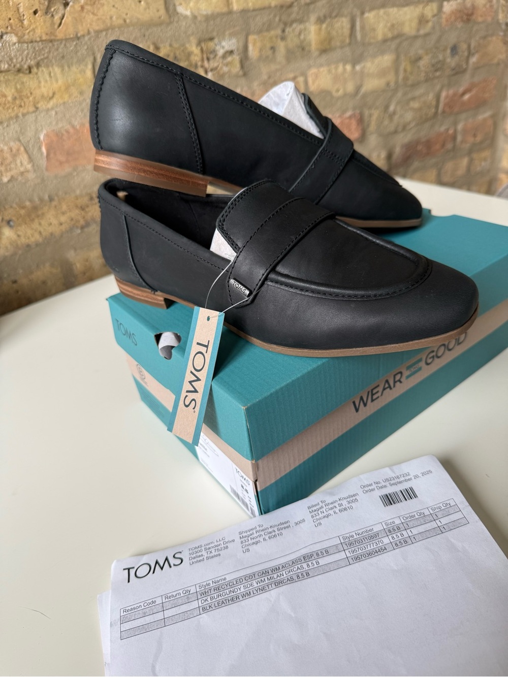 TOMS Black Leather Penny Loafers with Tan Sole